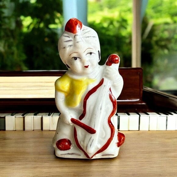 Vintage Porcelain Musician Girl Figurine w Cello Violin Yellow White Red - Picture 1 of 10